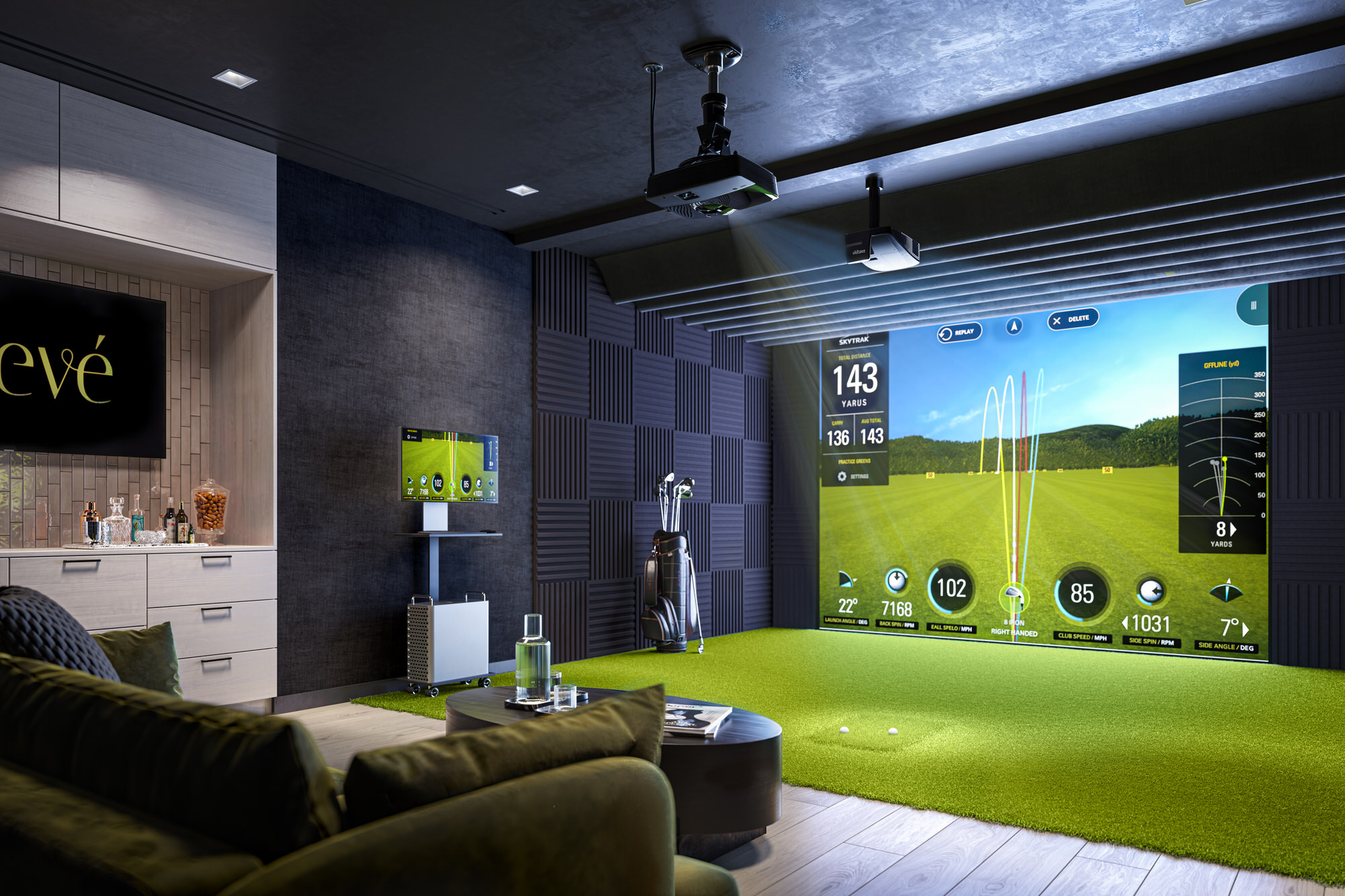 Relevé Golf Simulator room featuring a television, couch, and a realistic golf simulation setup to help fix your wicked slice.