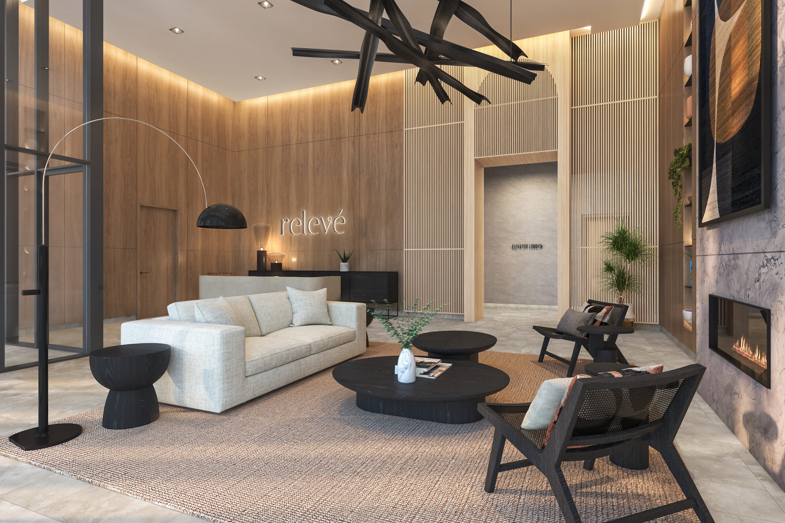 Relevé lobby, featuring a large fireplace and contemporary furnishings, designed for comfort and style.