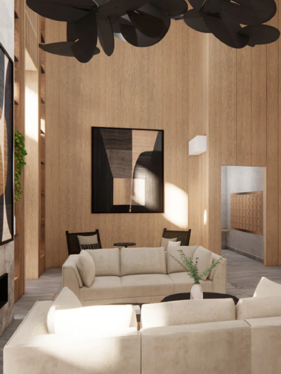 Relevé lobby featuring a couch, coffee table, fireplace, and a large painting, creating a welcoming atmosphere.