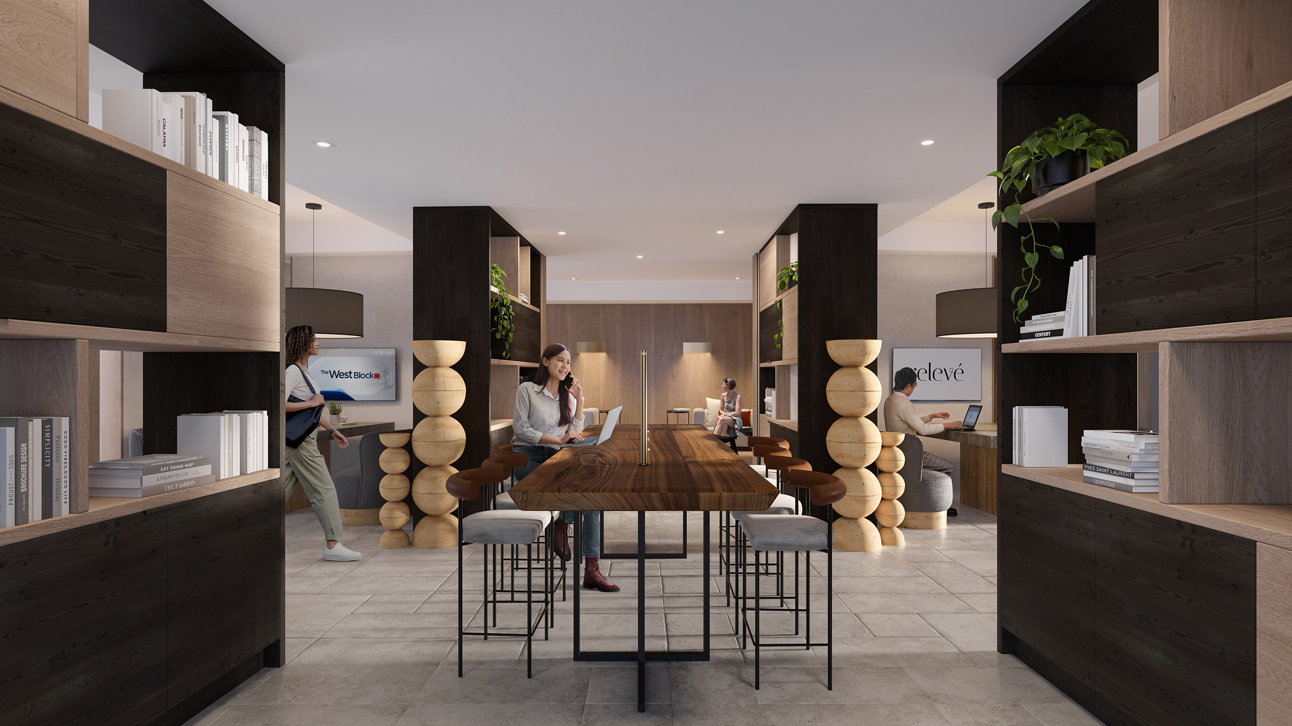 Modern office featuring Relevé Common Area Seating with a wooden table and chairs, creating a stylish and inviting workspace.