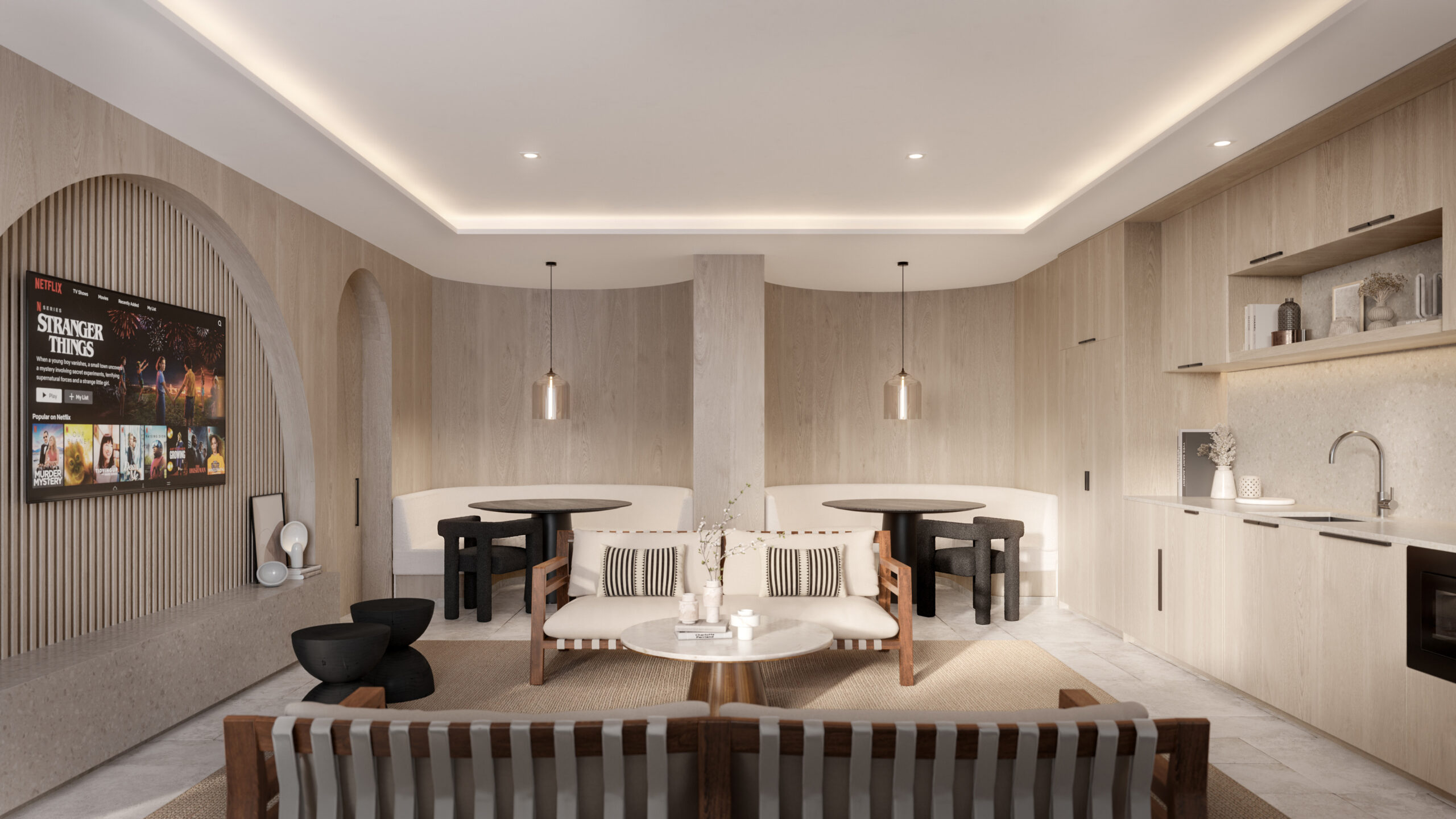 Relevé Common Area featuring a stylish modern living room, kitchen, and dining area, showcasing contemporary design elements.