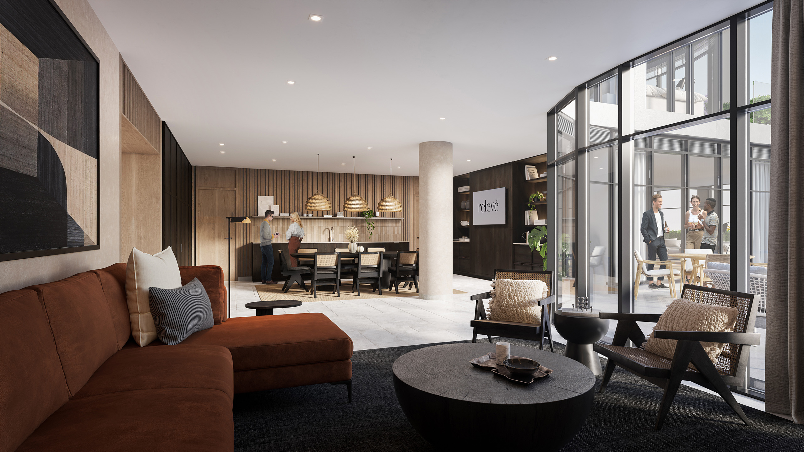 Relevé Common Area Interior featuring a large glass wall, allowing natural light to fill the space.