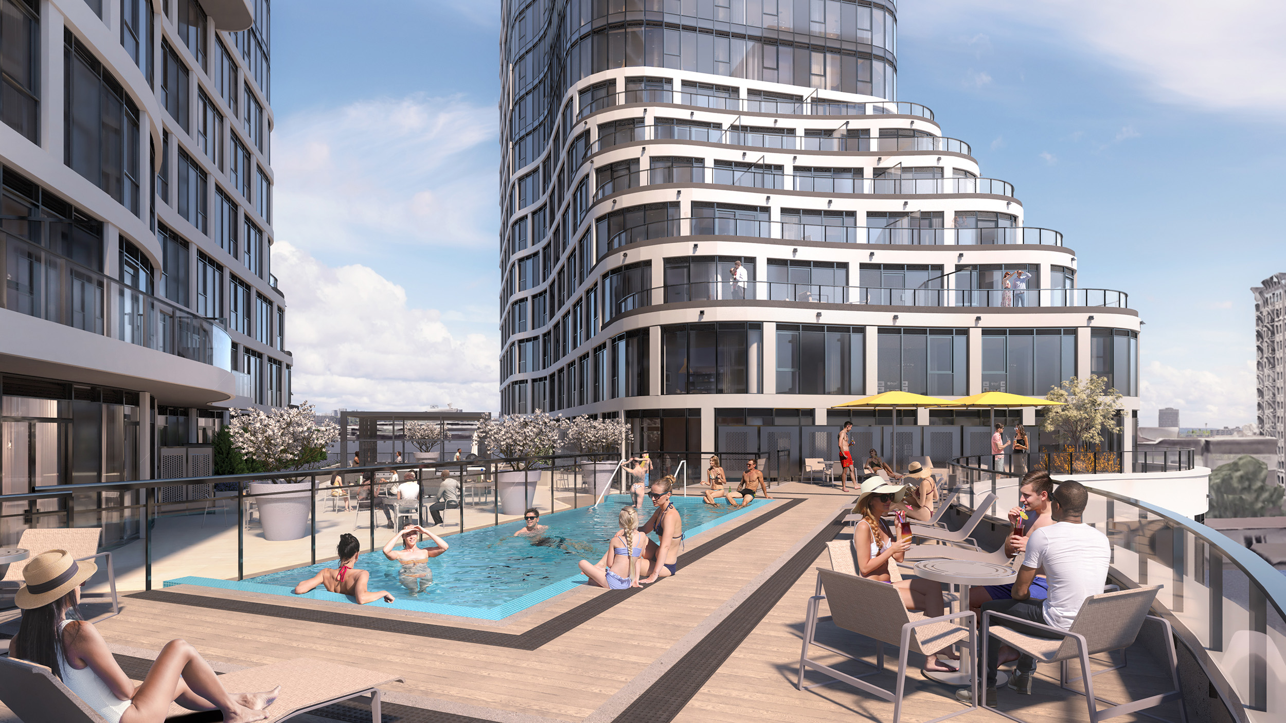 Relevé Rooftop Pool Area features a modern pool surrounded by lounge chairs and greenery in a stylish new building setting.